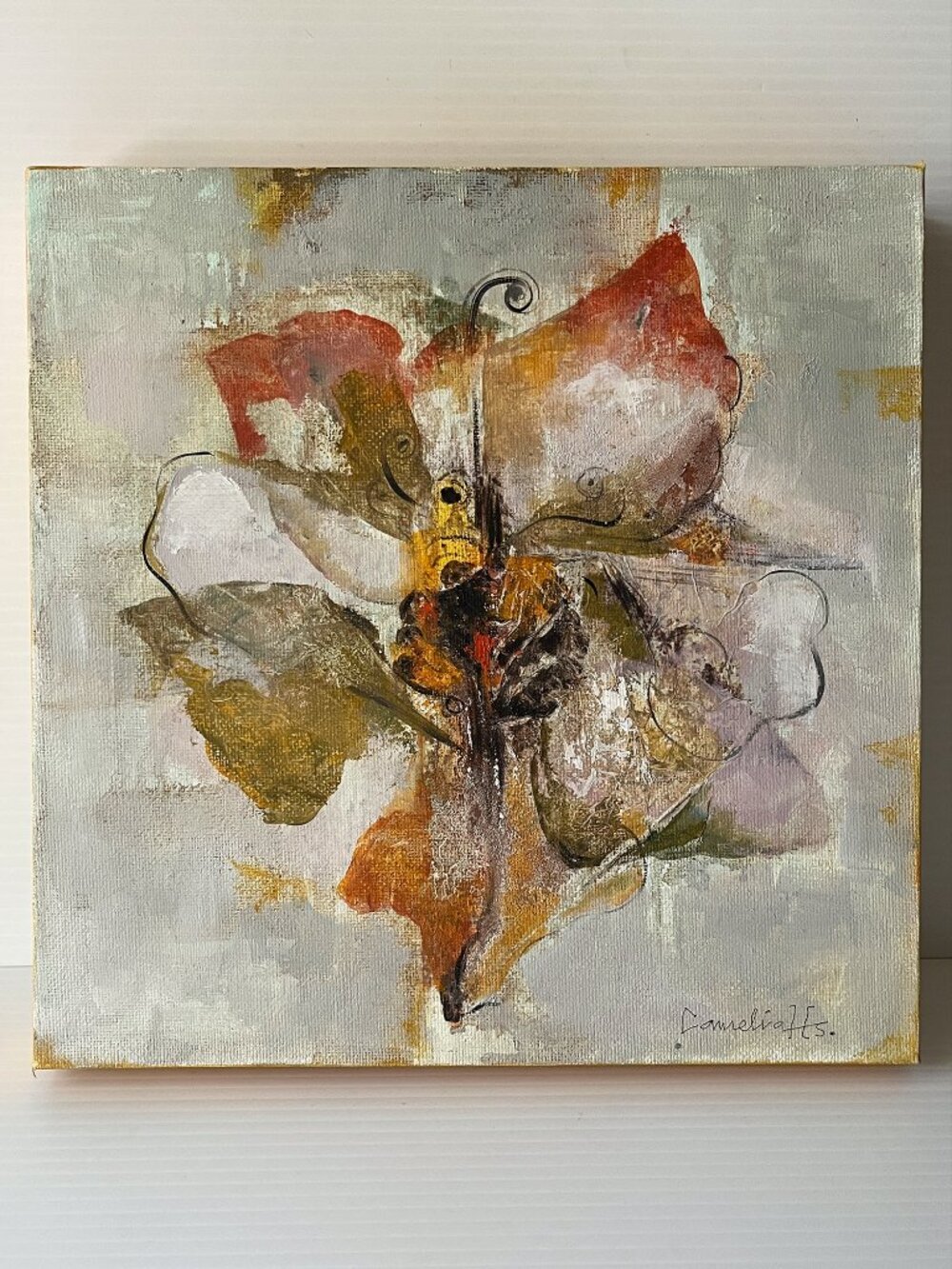 Original Signed Abstract Floral Painting 12" x 12" Textured Canvas Art